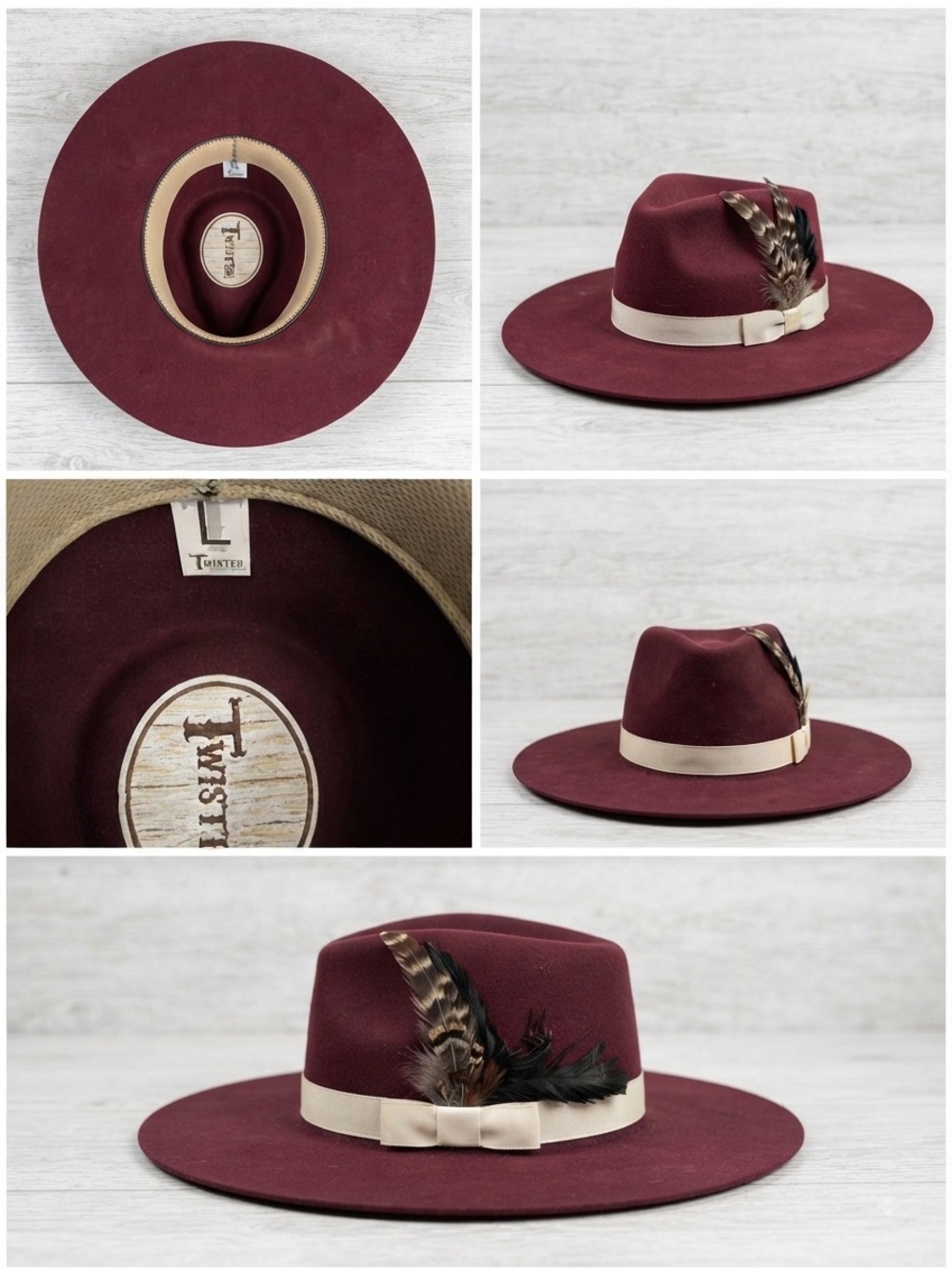 Twister Burgundy Felt Fedora with Feather Trim